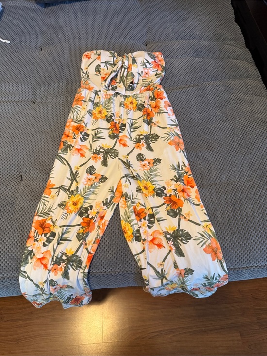 No Boundaries Pants - Cream Strapless Tropical Floral Jumpsuit with Orange Accents